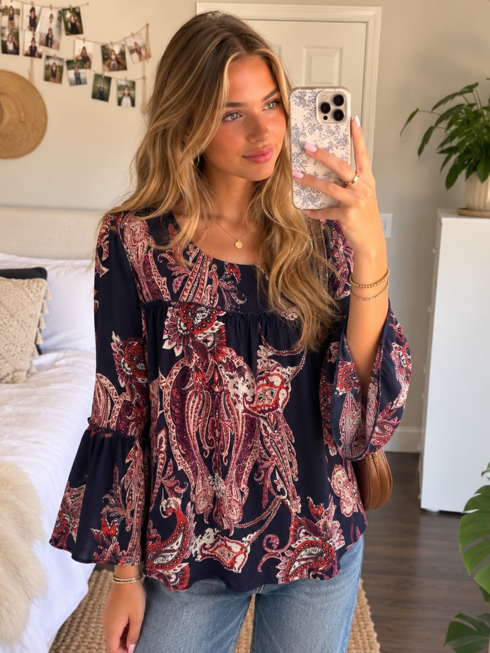 New Directions Paisley Bell Sleeve Blouse Navy Pink Size Large
